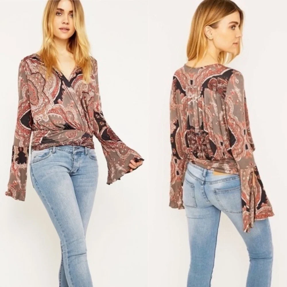 Free People Fiona Wrap Bell Sleeves Paisley Top Size XS